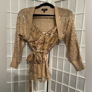 BEBE BCBG Gold Sequin Crochet Bolero Cardigan with Paisley Cami Top